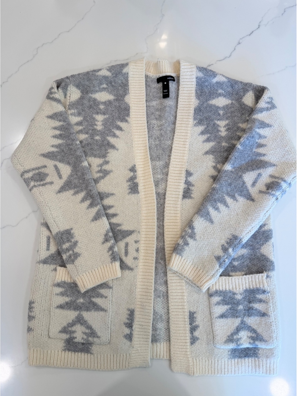 Aqua Womans Cardigan Sweater Native Print White Gray Wool Blend Size Small
